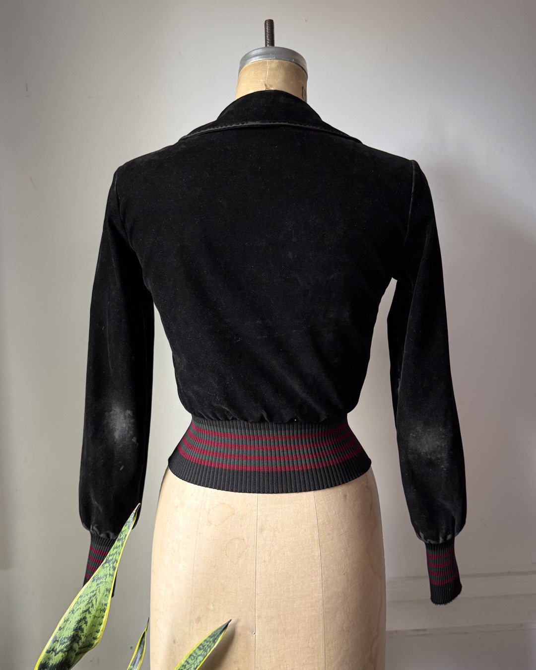 60s Black Velvet Peter Pan Collar Striped Knit Trim Crop Jacket / XS