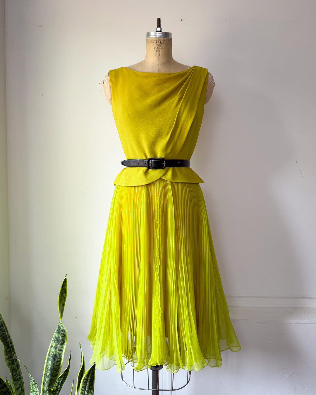 60s Acidic Yellow Pleated Dress / S