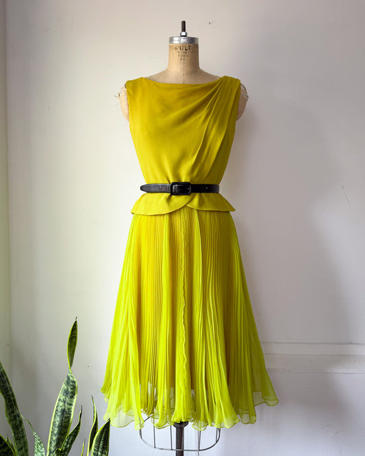 60s Acidic Yellow Pleated Dress / S