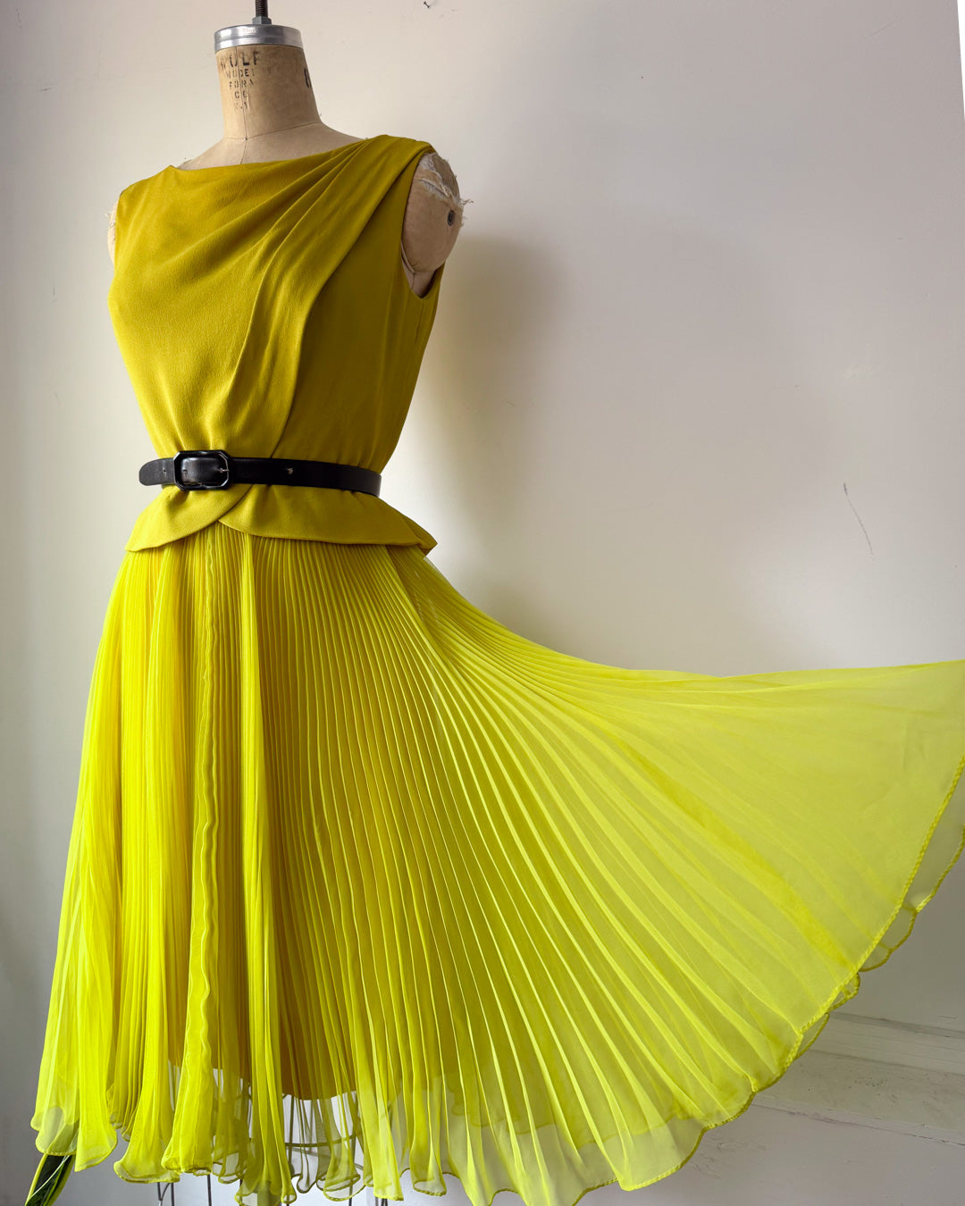 60s Acidic Yellow Pleated Dress / S