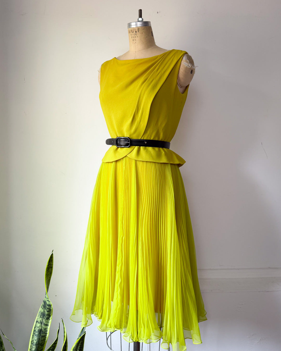 60s Acidic Yellow Pleated Dress / S