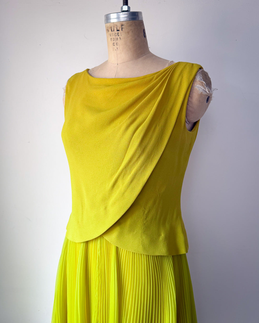 60s Acidic Yellow Pleated Dress / S