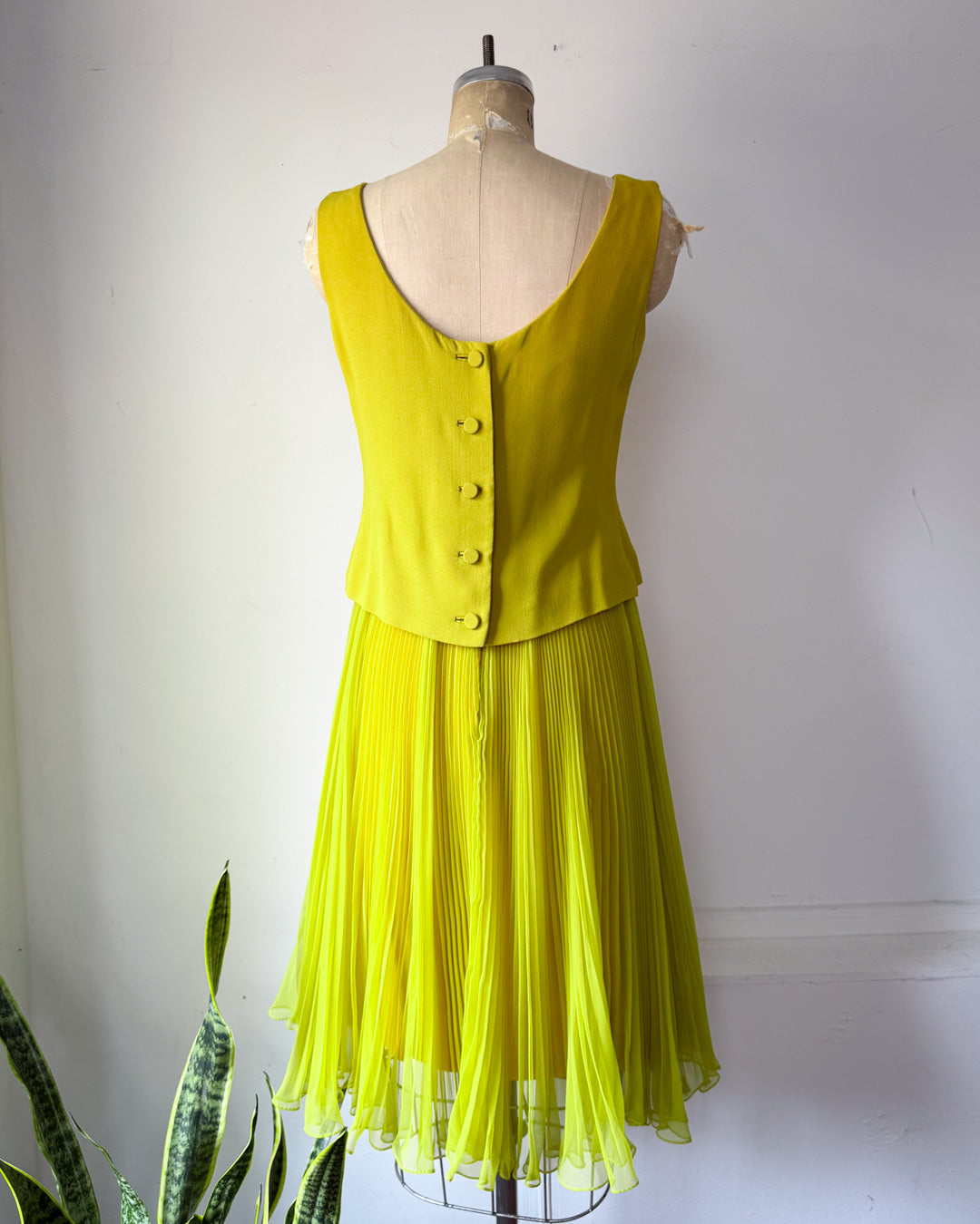 60s Acidic Yellow Pleated Dress / S