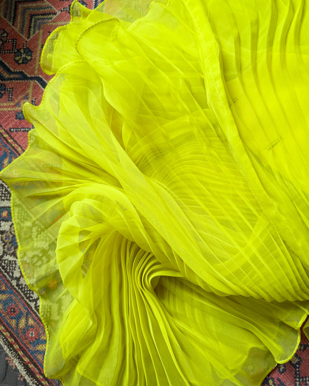 60s Acidic Yellow Pleated Dress / S