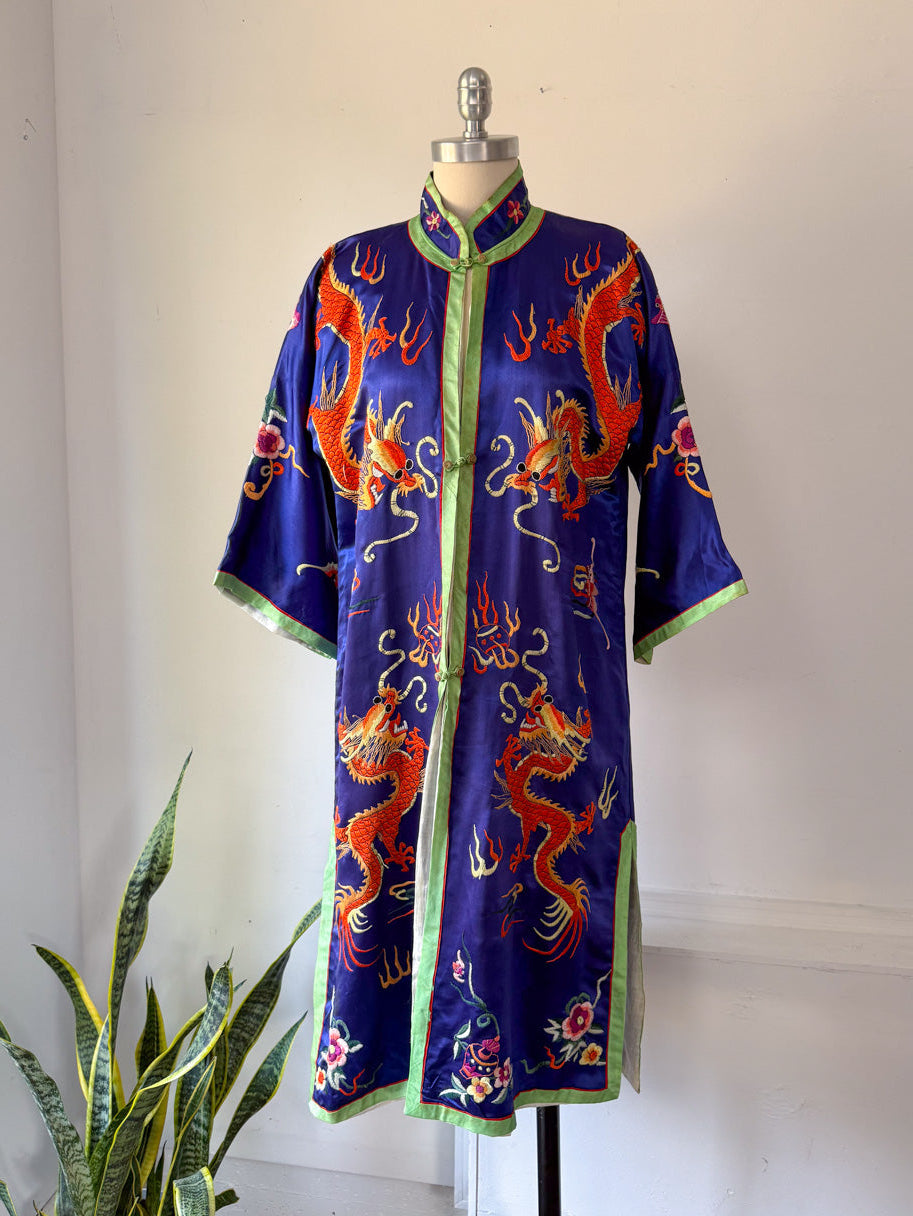 60s Colorful Embroidered Silk Robe / M