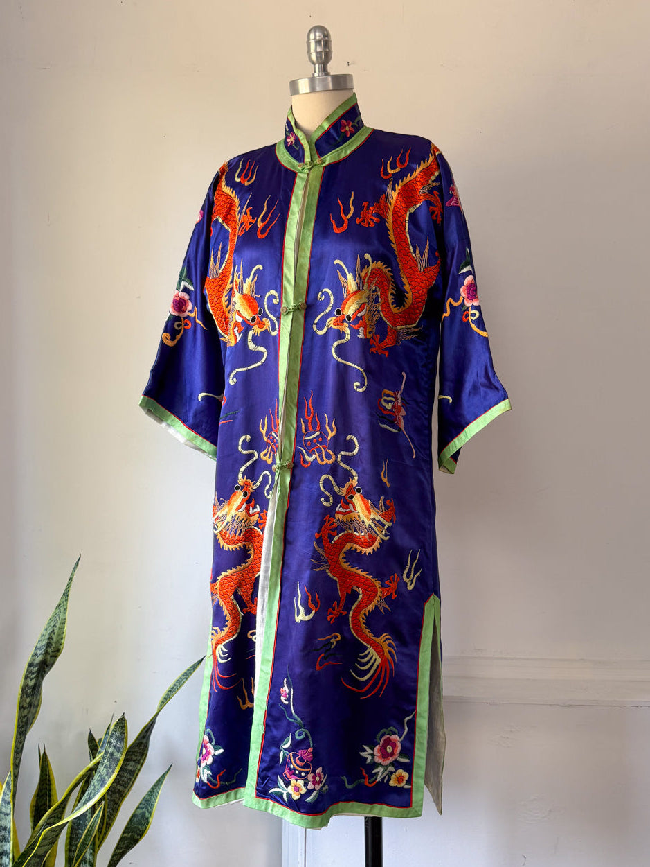 60s Colorful Embroidered Silk Robe / M