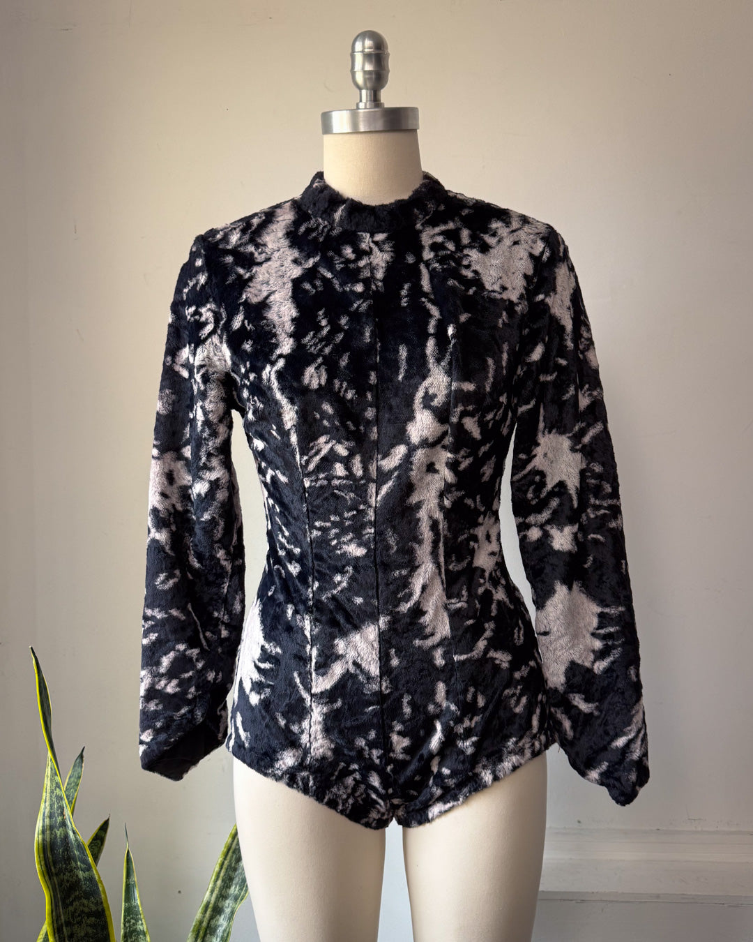 60s Fuzzy Gray & Black Print Faux Fur Costume Bodysuit / M