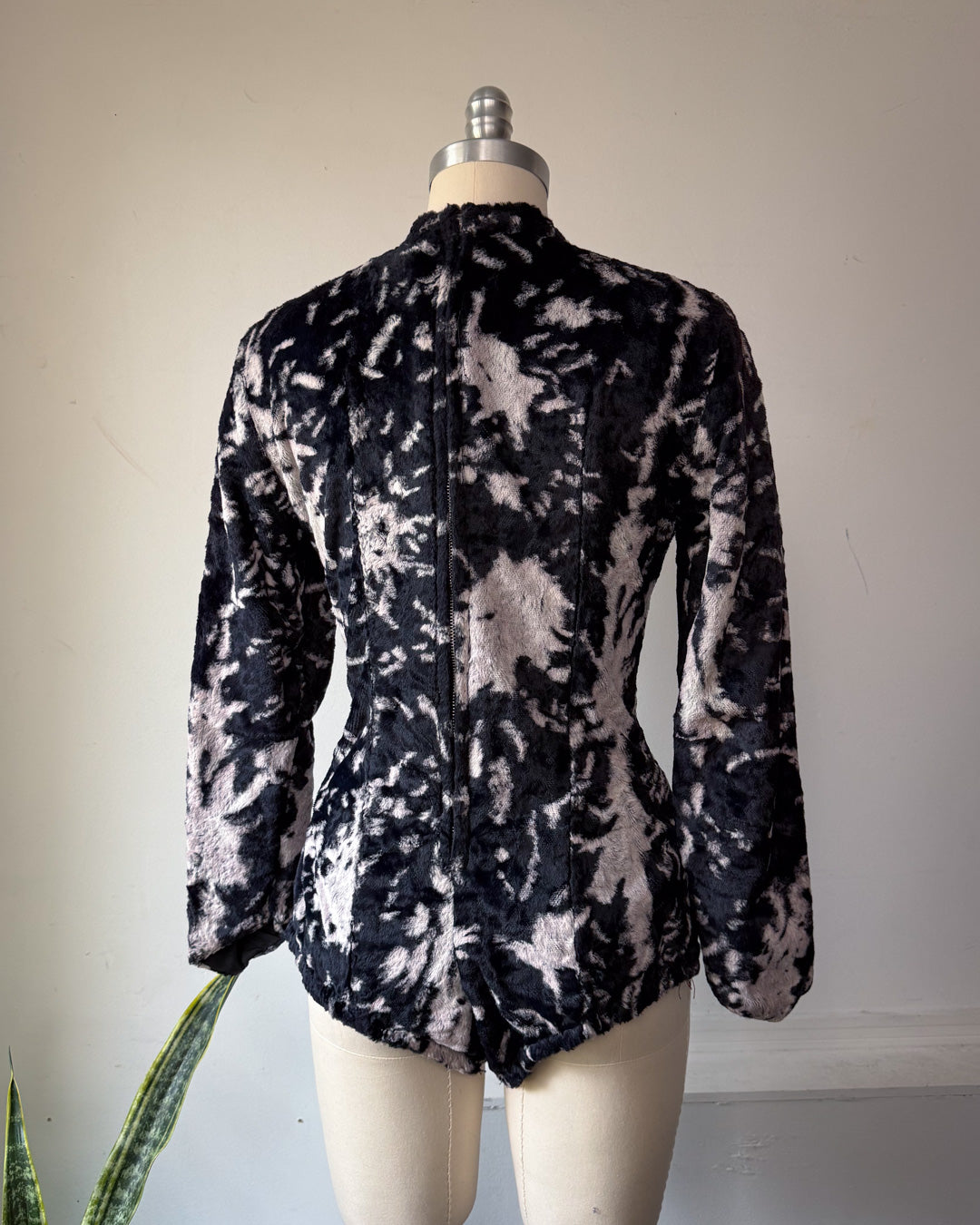 60s Fuzzy Gray & Black Print Faux Fur Costume Bodysuit / M
