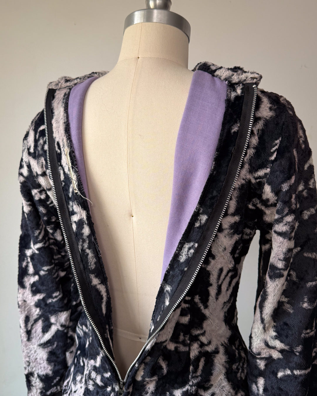 60s Fuzzy Gray & Black Print Faux Fur Costume Bodysuit / M