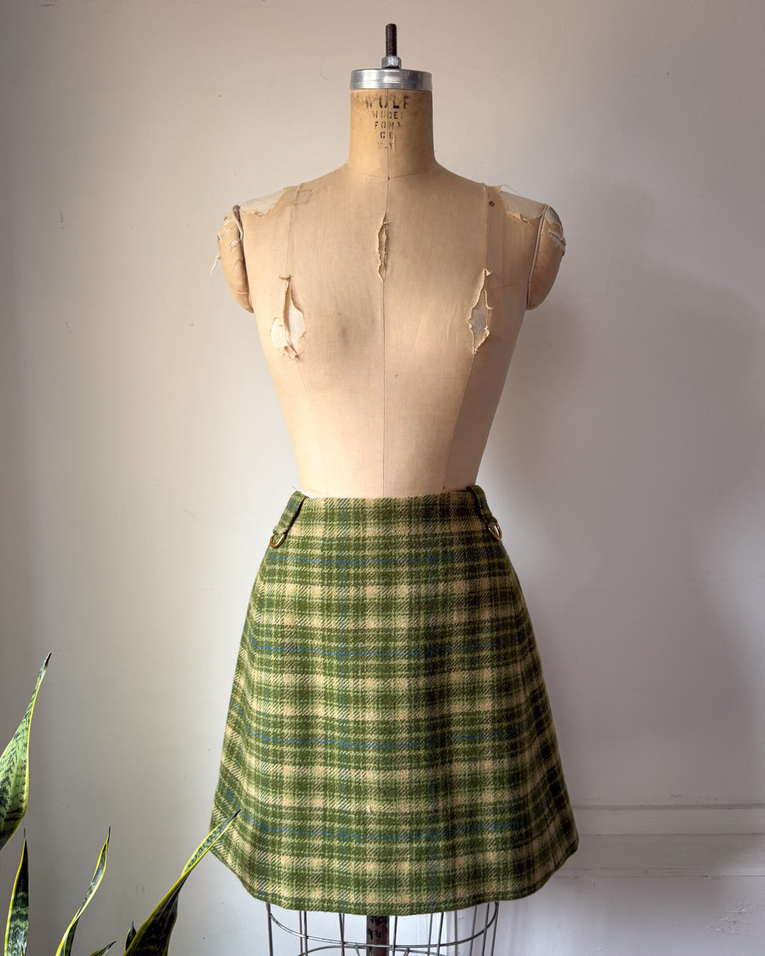 60s Green Plaid Wool Mini Skirt / XS