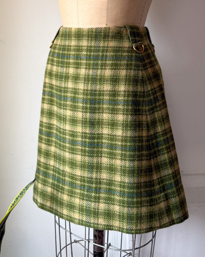 60s Green Plaid Wool Mini Skirt / XS