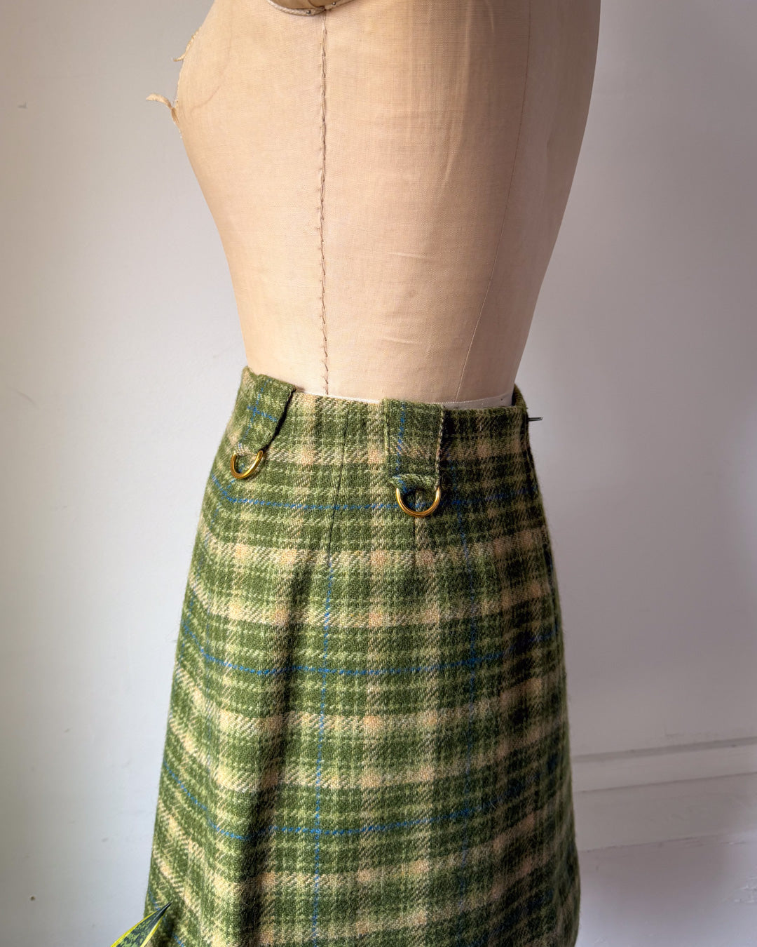 60s Green Plaid Wool Mini Skirt / XS