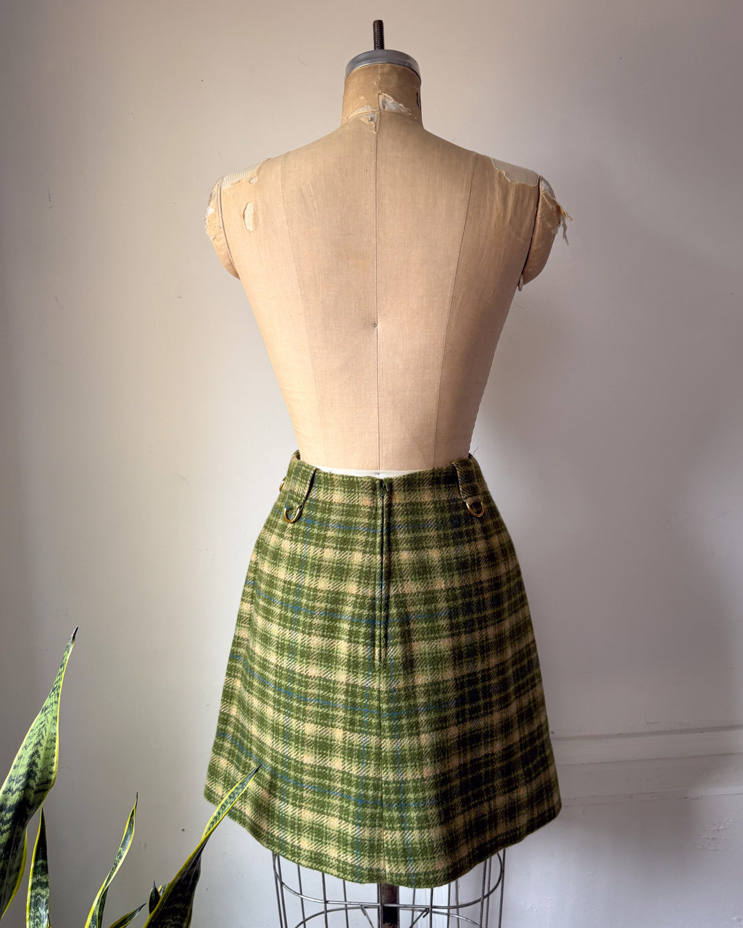 60s Green Plaid Wool Mini Skirt / XS