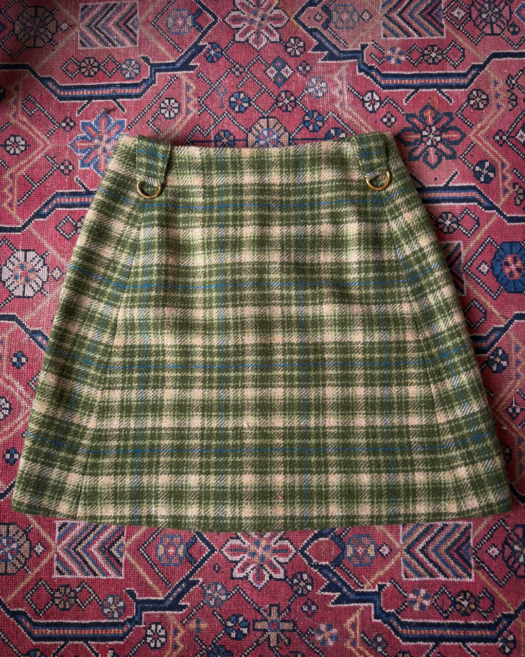 60s Green Plaid Wool Mini Skirt / XS