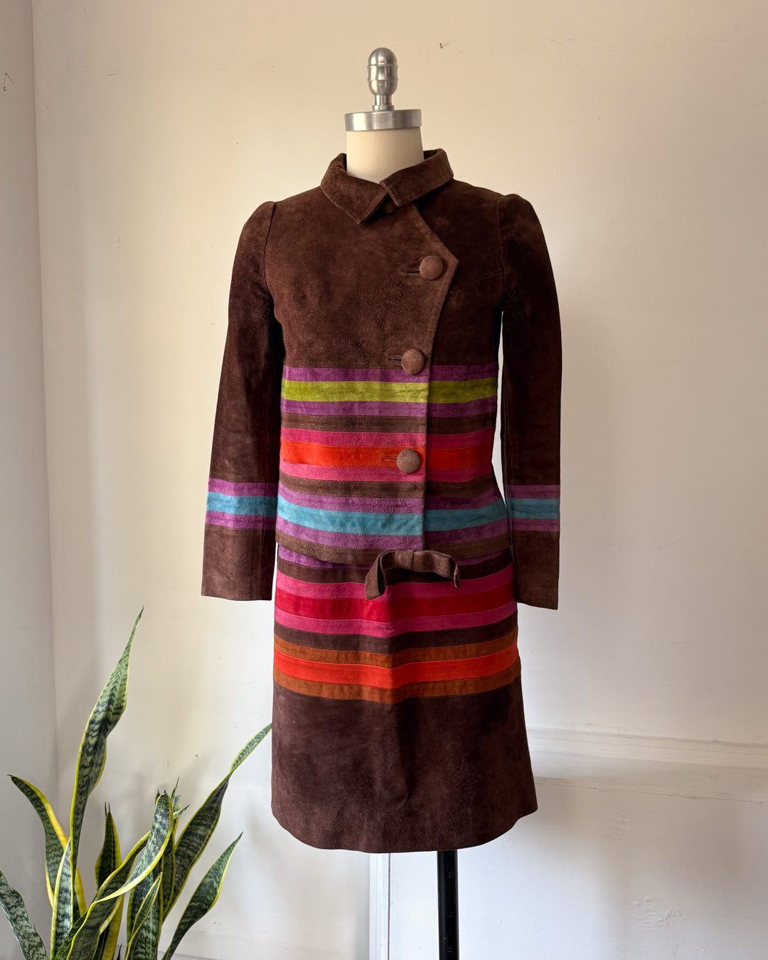 60s Mod Japanese Boutique Brown Rainbow Patchwork Suede Leather Jacket & Skirt Set / XS