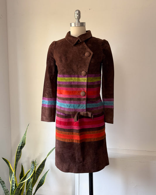 60s Mod Japanese Boutique Brown Rainbow Patchwork Suede Leather Jacket & Skirt Set / XS