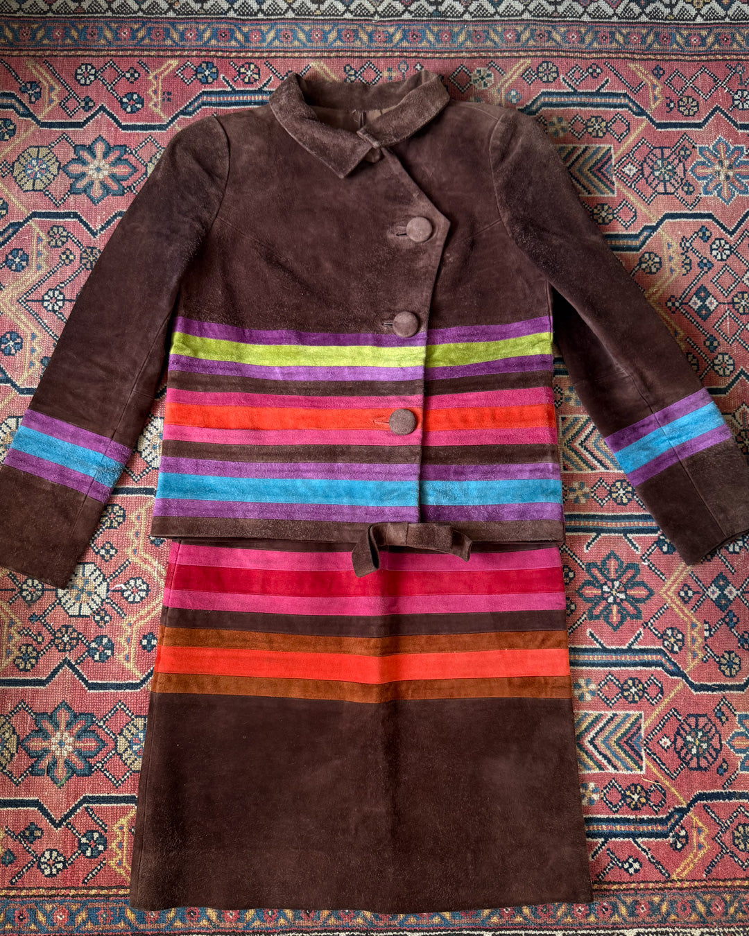 60s Mod Japanese Boutique Brown Rainbow Patchwork Suede Leather Jacket & Skirt Set / XS