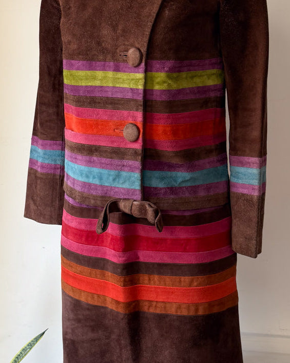 60s Mod Japanese Boutique Brown Rainbow Patchwork Suede Leather Jacket & Skirt Set / XS