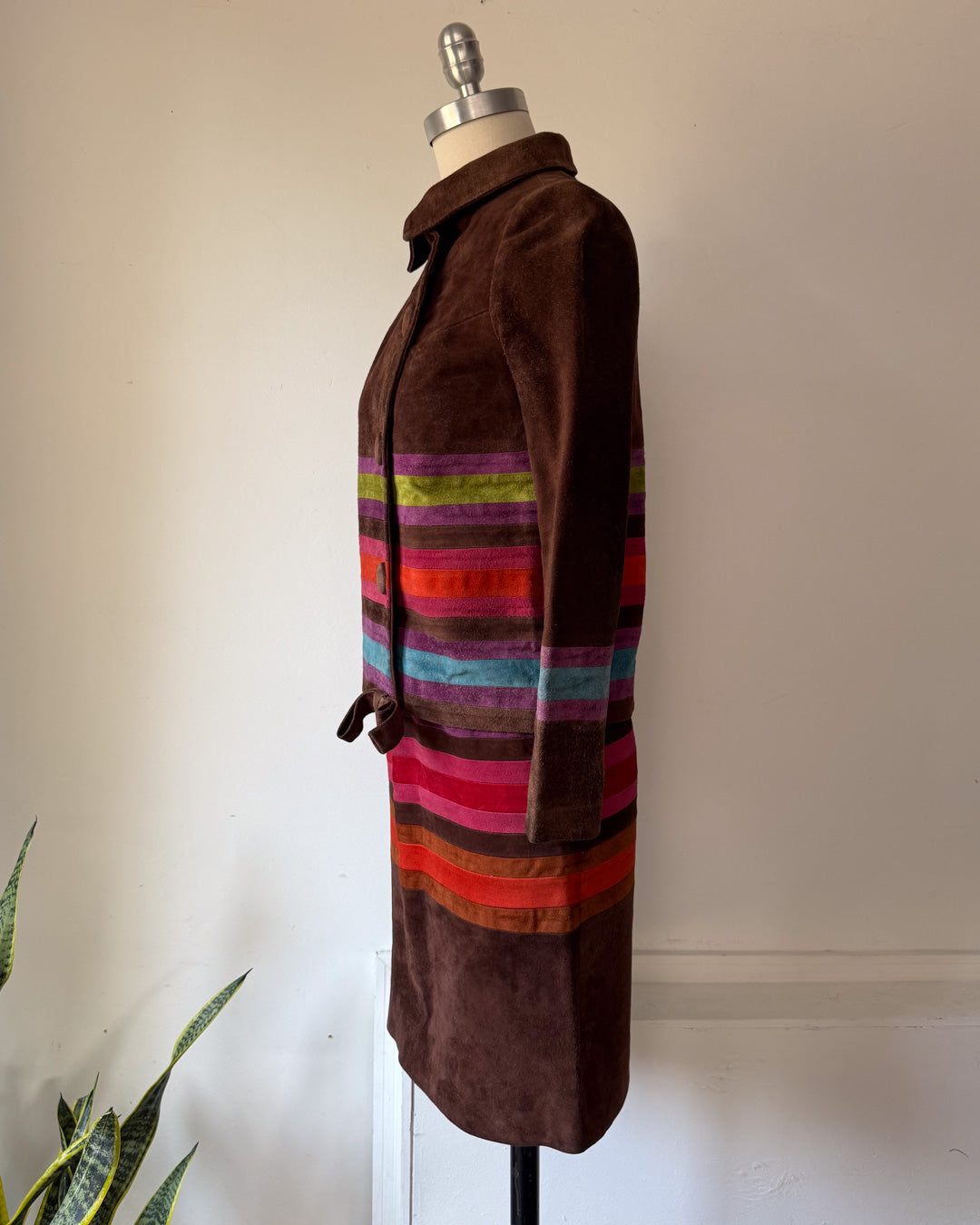 60s Mod Japanese Boutique Brown Rainbow Patchwork Suede Leather Jacket & Skirt Set / XS