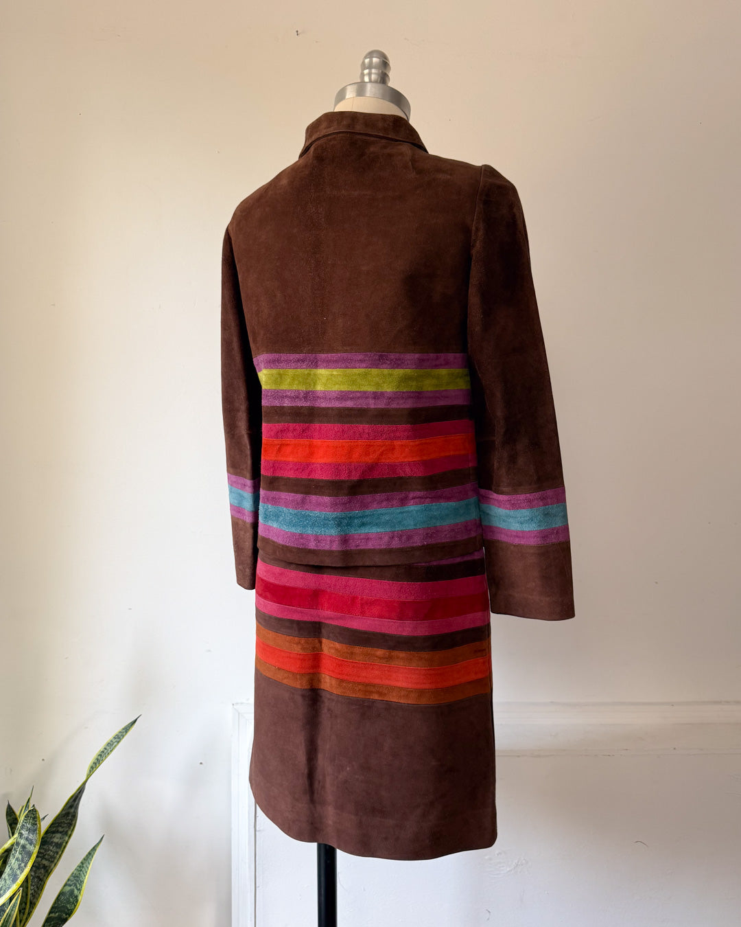60s Mod Japanese Boutique Brown Rainbow Patchwork Suede Leather Jacket & Skirt Set / XS