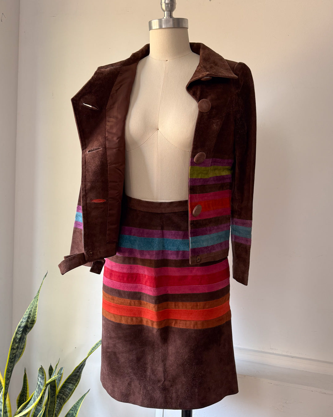 60s Mod Japanese Boutique Brown Rainbow Patchwork Suede Leather Jacket & Skirt Set / XS