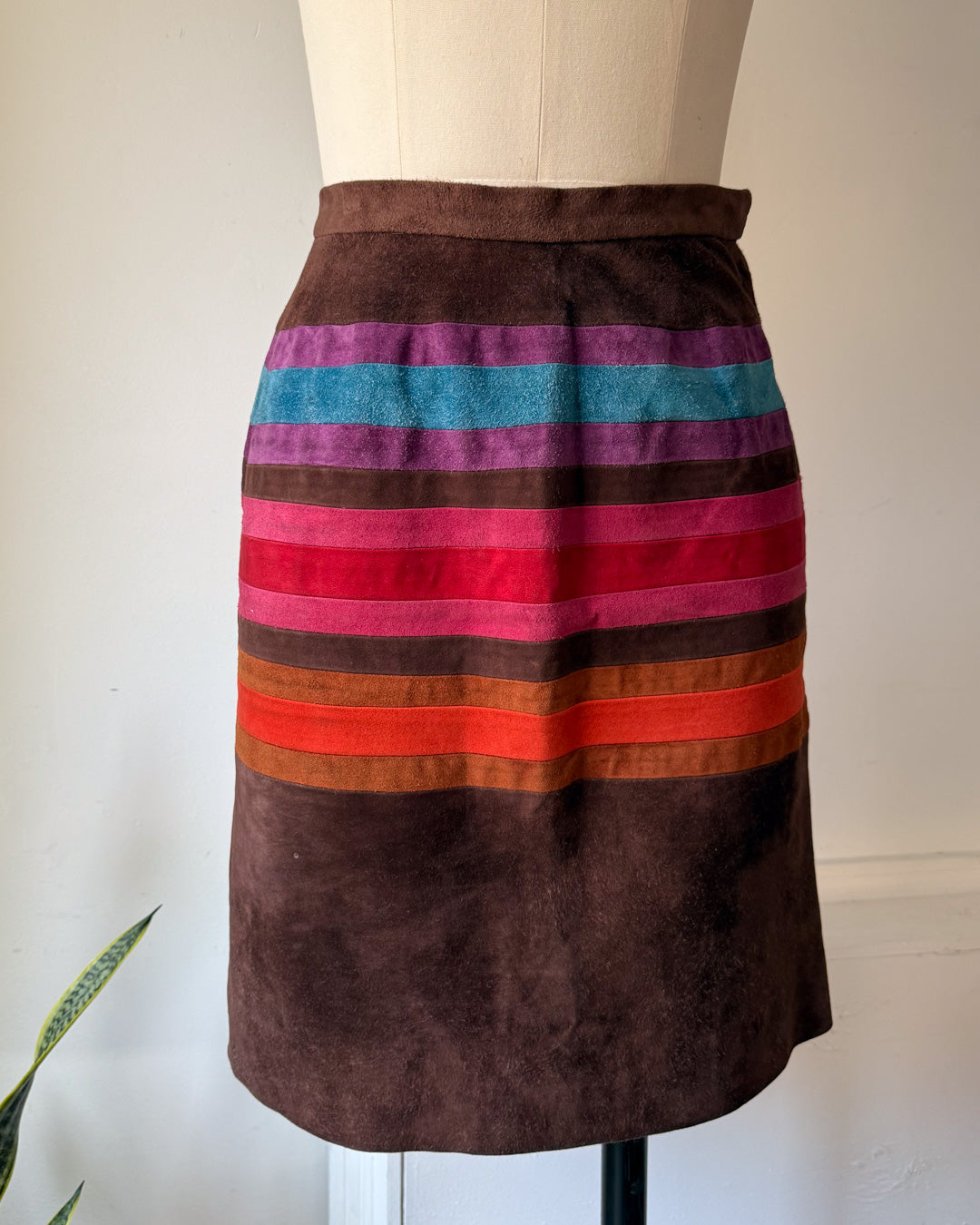 60s Mod Japanese Boutique Brown Rainbow Patchwork Suede Leather Jacket & Skirt Set / XS