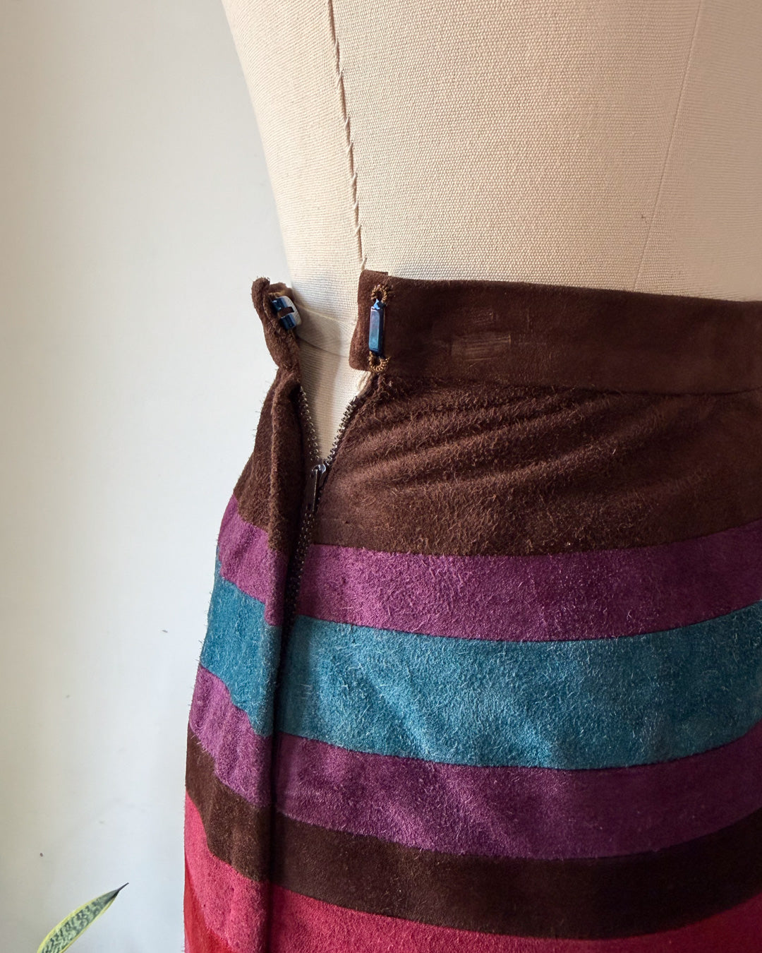 60s Mod Japanese Boutique Brown Rainbow Patchwork Suede Leather Jacket & Skirt Set / XS