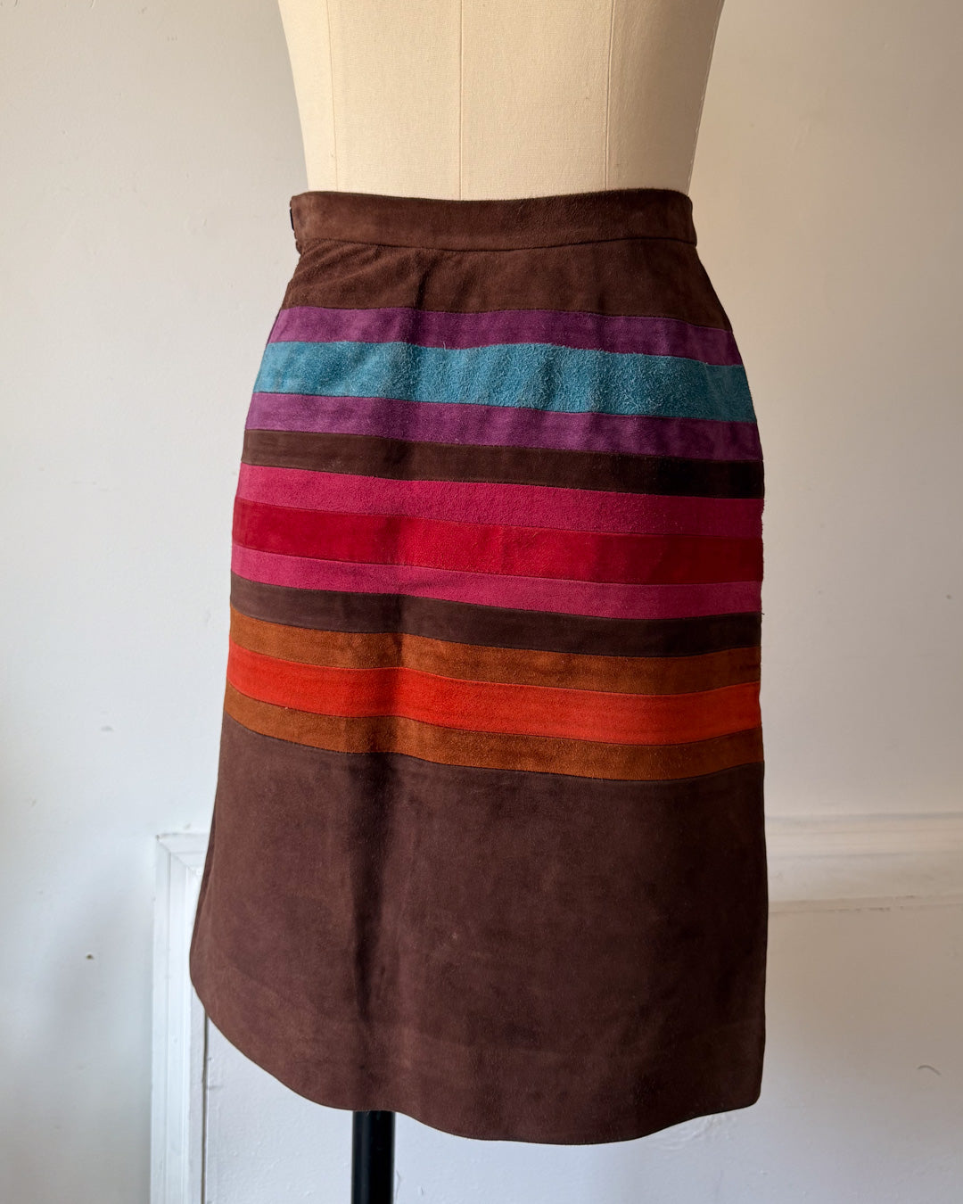 60s Mod Japanese Boutique Brown Rainbow Patchwork Suede Leather Jacket & Skirt Set / XS