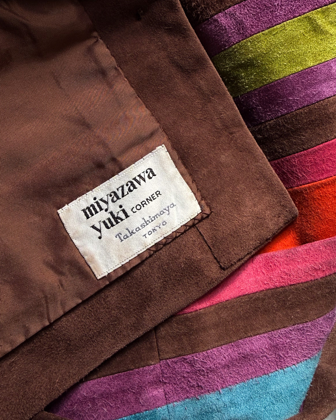 60s Mod Japanese Boutique Brown Rainbow Patchwork Suede Leather Jacket & Skirt Set / XS