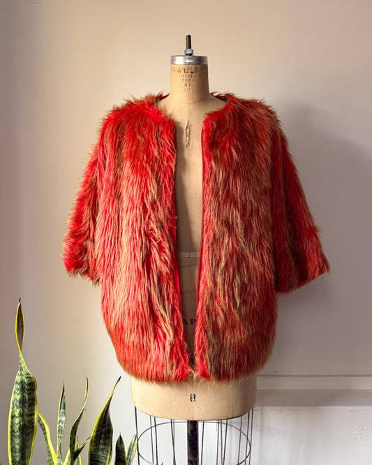 60s Red & Green Shaggy Faux Fur Cropped Sleeve Jacket / L-XL