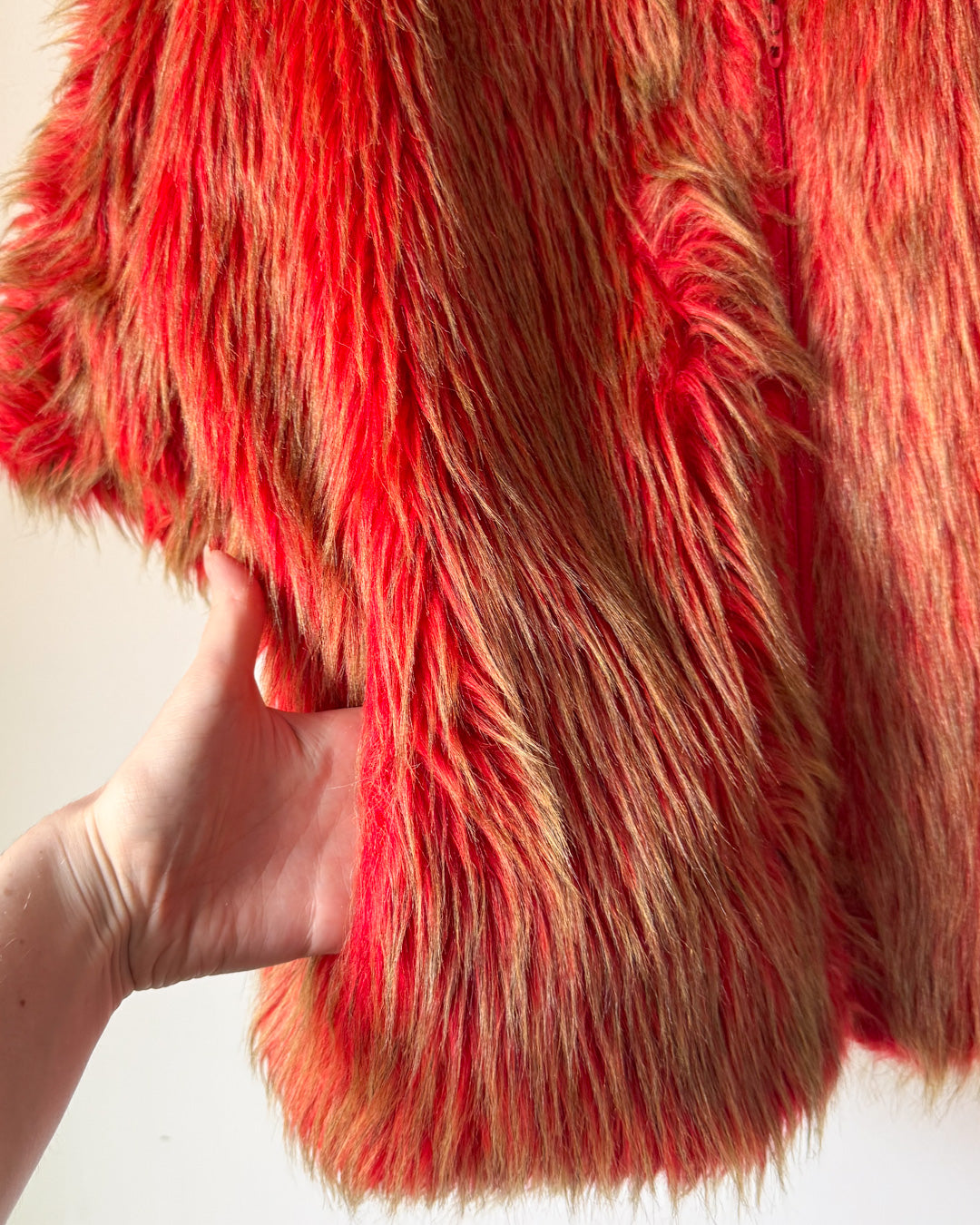 60s Red & Green Shaggy Faux Fur Cropped Sleeve Jacket / L-XL