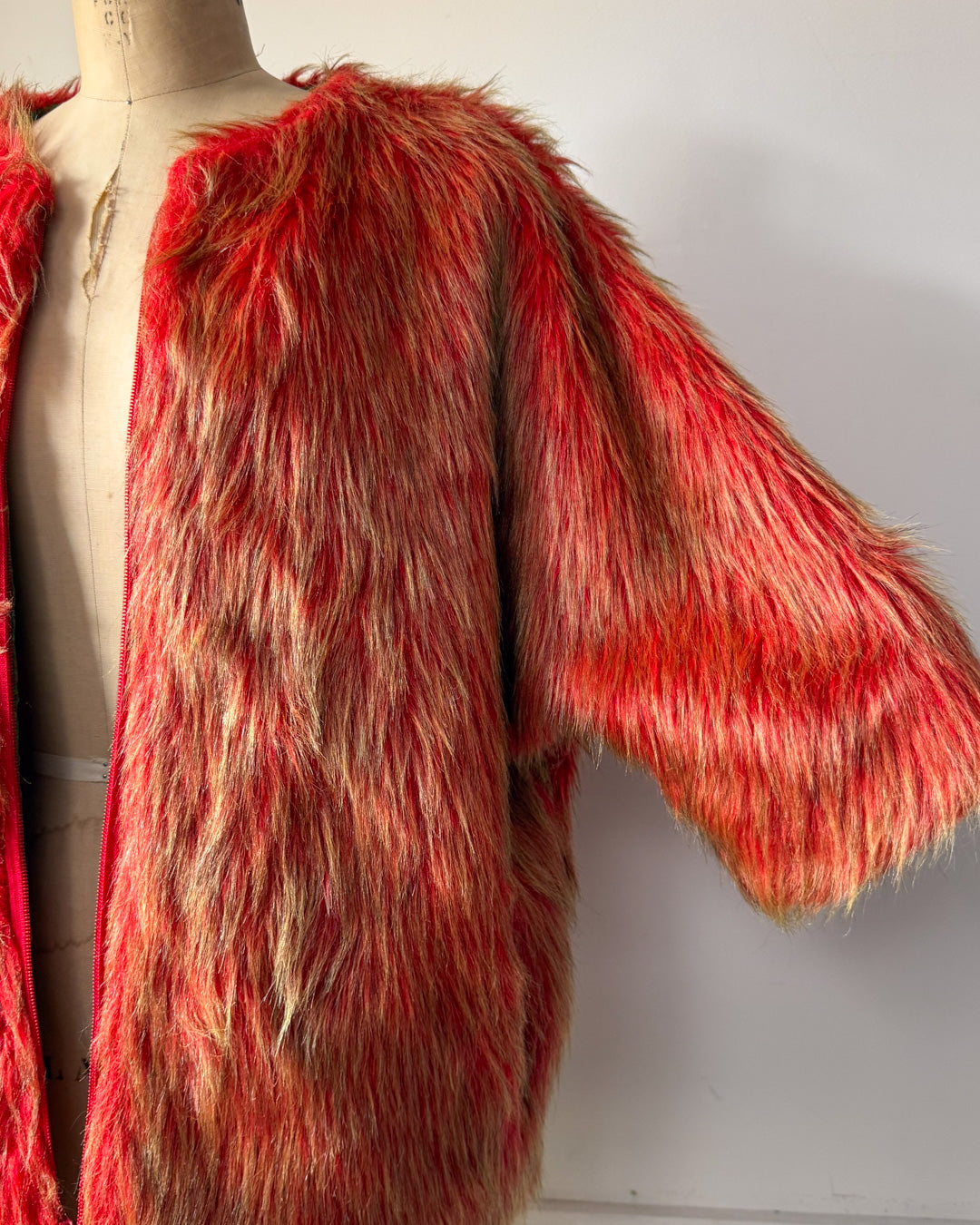 60s Red & Green Shaggy Faux Fur Cropped Sleeve Jacket / L-XL