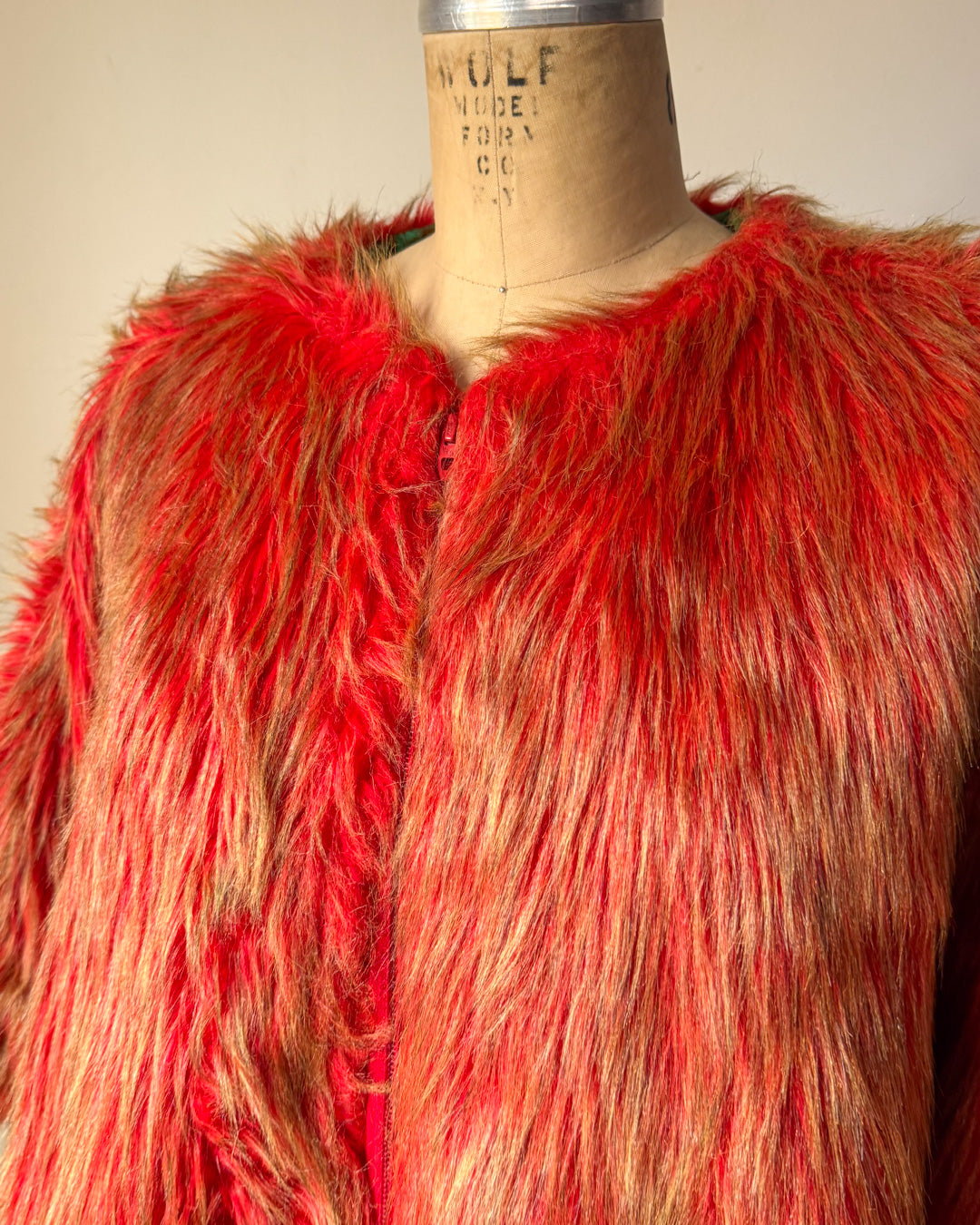 60s Red & Green Shaggy Faux Fur Cropped Sleeve Jacket / L-XL