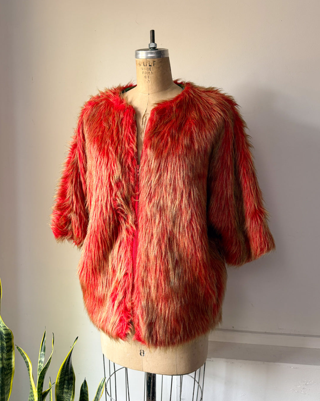 60s Red & Green Shaggy Faux Fur Cropped Sleeve Jacket / L-XL