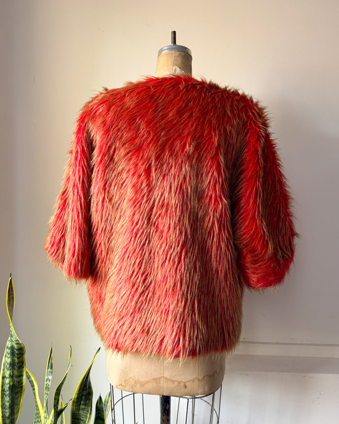 60s Red & Green Shaggy Faux Fur Cropped Sleeve Jacket / L-XL