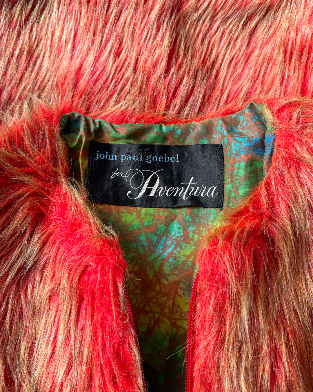 60s Red & Green Shaggy Faux Fur Cropped Sleeve Jacket / L-XL