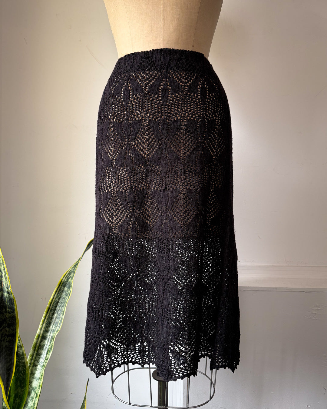 60s Sheer Black Crochet Wool Belted Top & Skirt Set / M