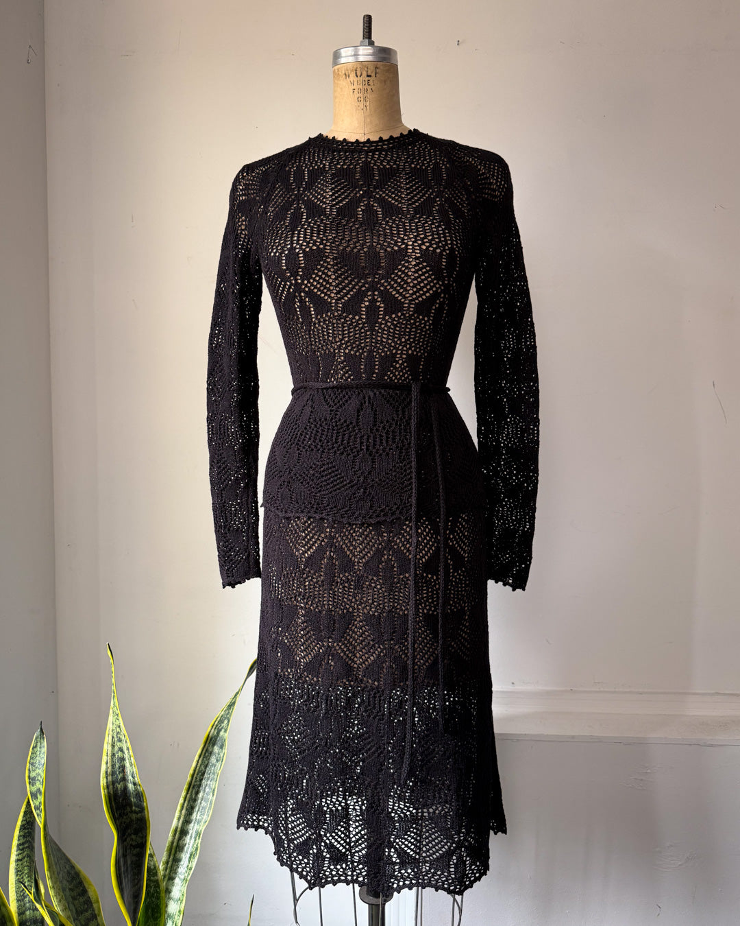 60s Sheer Black Crochet Wool Belted Top & Skirt Set / M