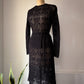 60s Sheer Black Crochet Wool Belted Top & Skirt Set / M