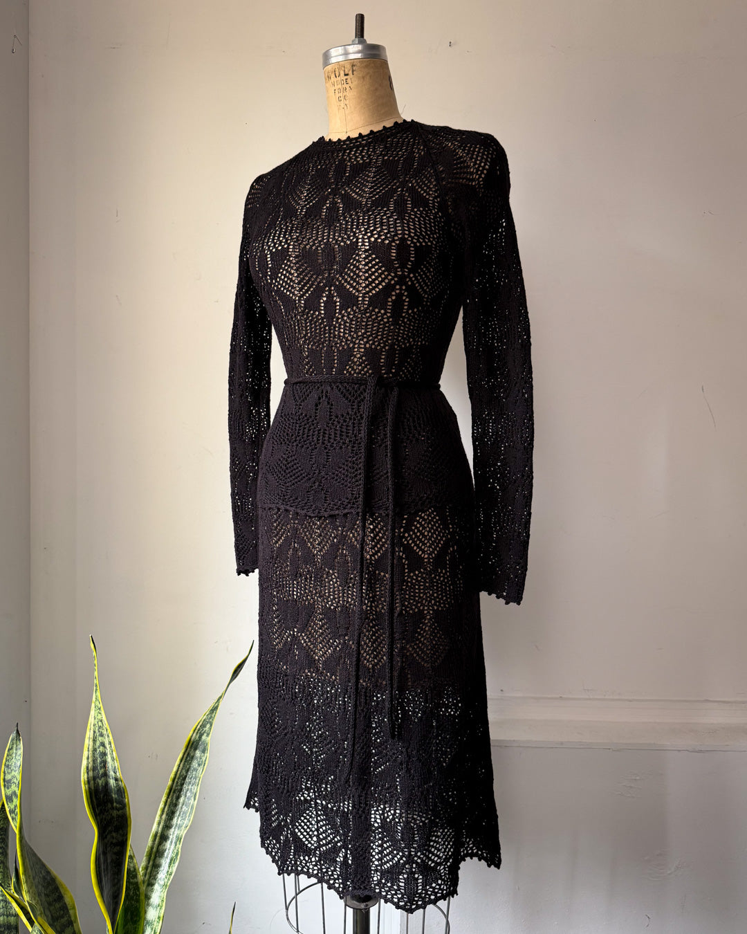 60s Sheer Black Crochet Wool Belted Top & Skirt Set / M