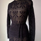 60s Sheer Black Crochet Wool Belted Top & Skirt Set / M
