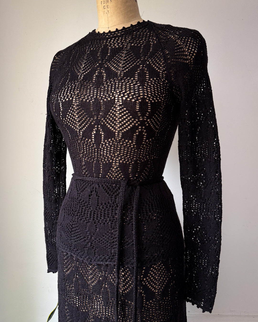 60s Sheer Black Crochet Wool Belted Top & Skirt Set / M