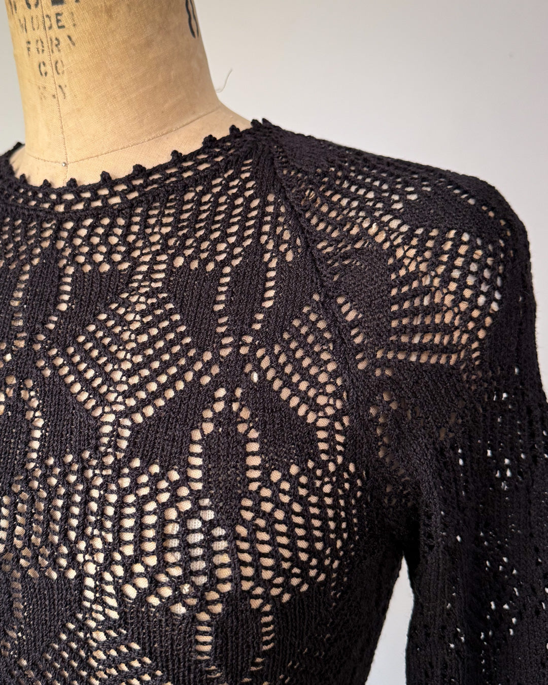 60s Sheer Black Crochet Wool Belted Top & Skirt Set / M