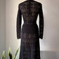 60s Sheer Black Crochet Wool Belted Top & Skirt Set / M