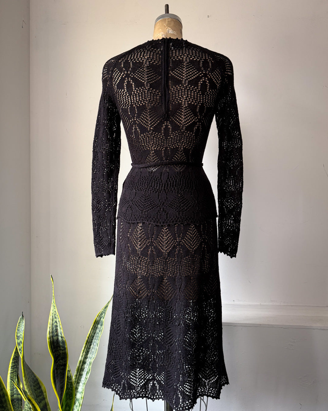 60s Sheer Black Crochet Wool Belted Top & Skirt Set / M