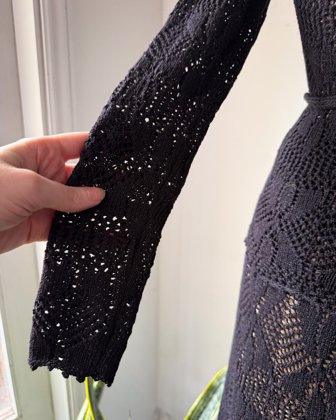 60s Sheer Black Crochet Wool Belted Top & Skirt Set / M