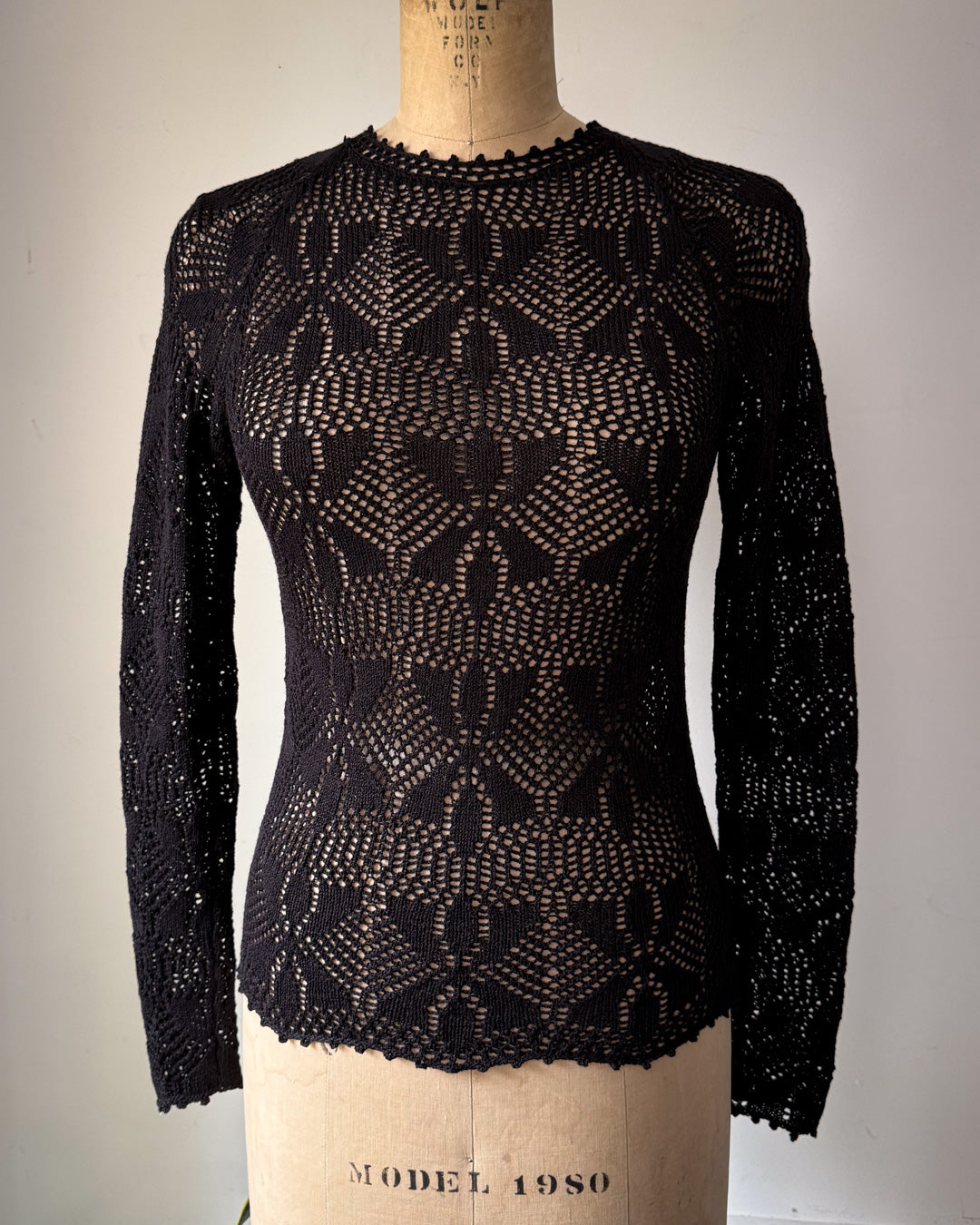 60s Sheer Black Crochet Wool Belted Top & Skirt Set / M