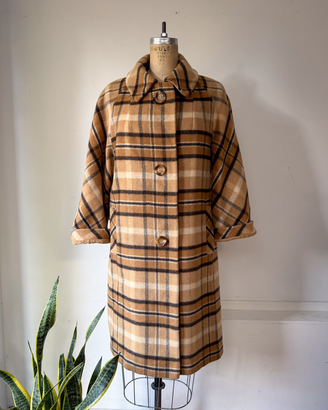 60s I. Magnin Plaid Camel Hair Coat / S-M