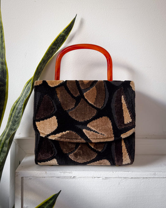 60s Black & Brown Tapestry Lucite Handle Box Bag
