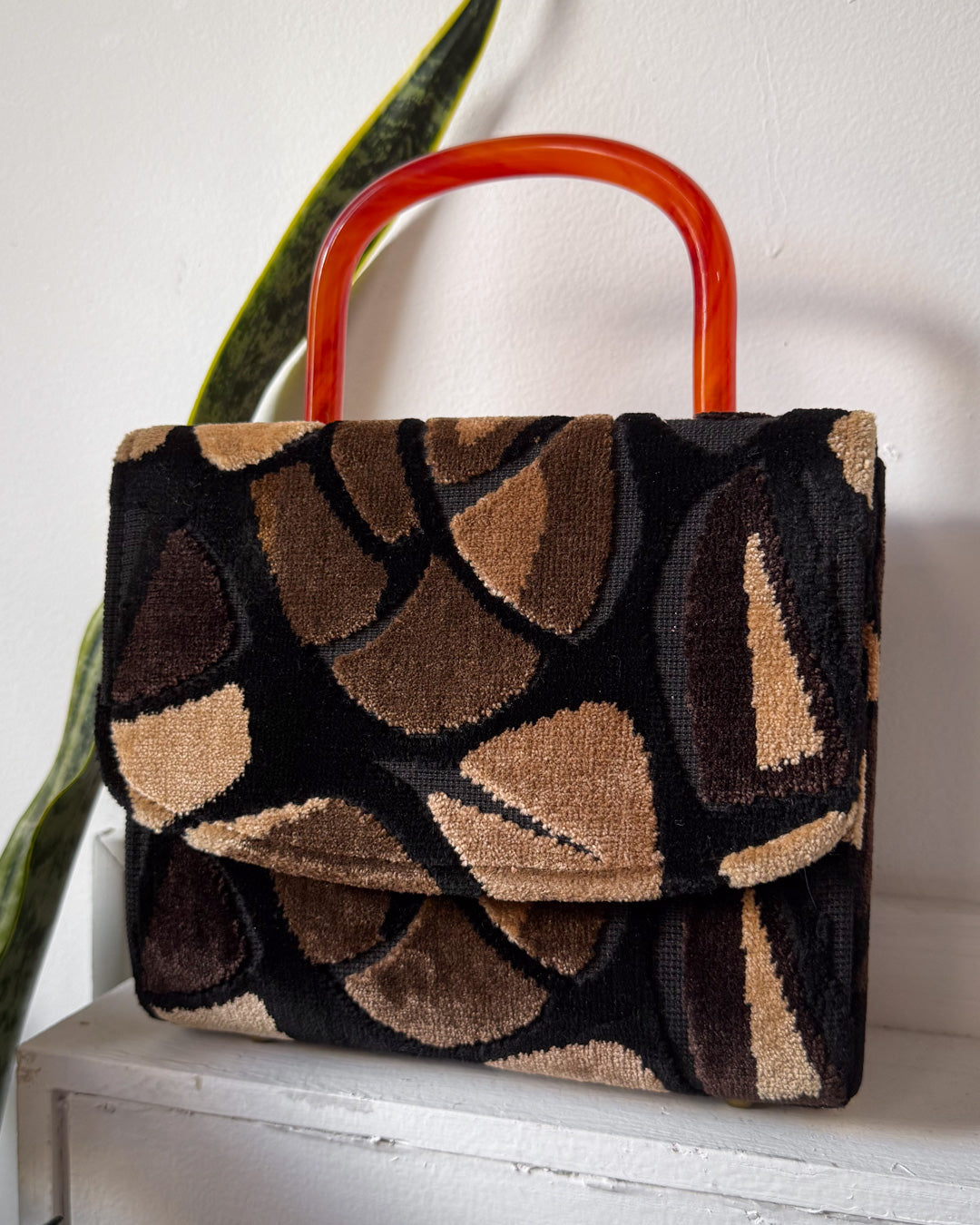 60s Black & Brown Tapestry Lucite Handle Box Bag